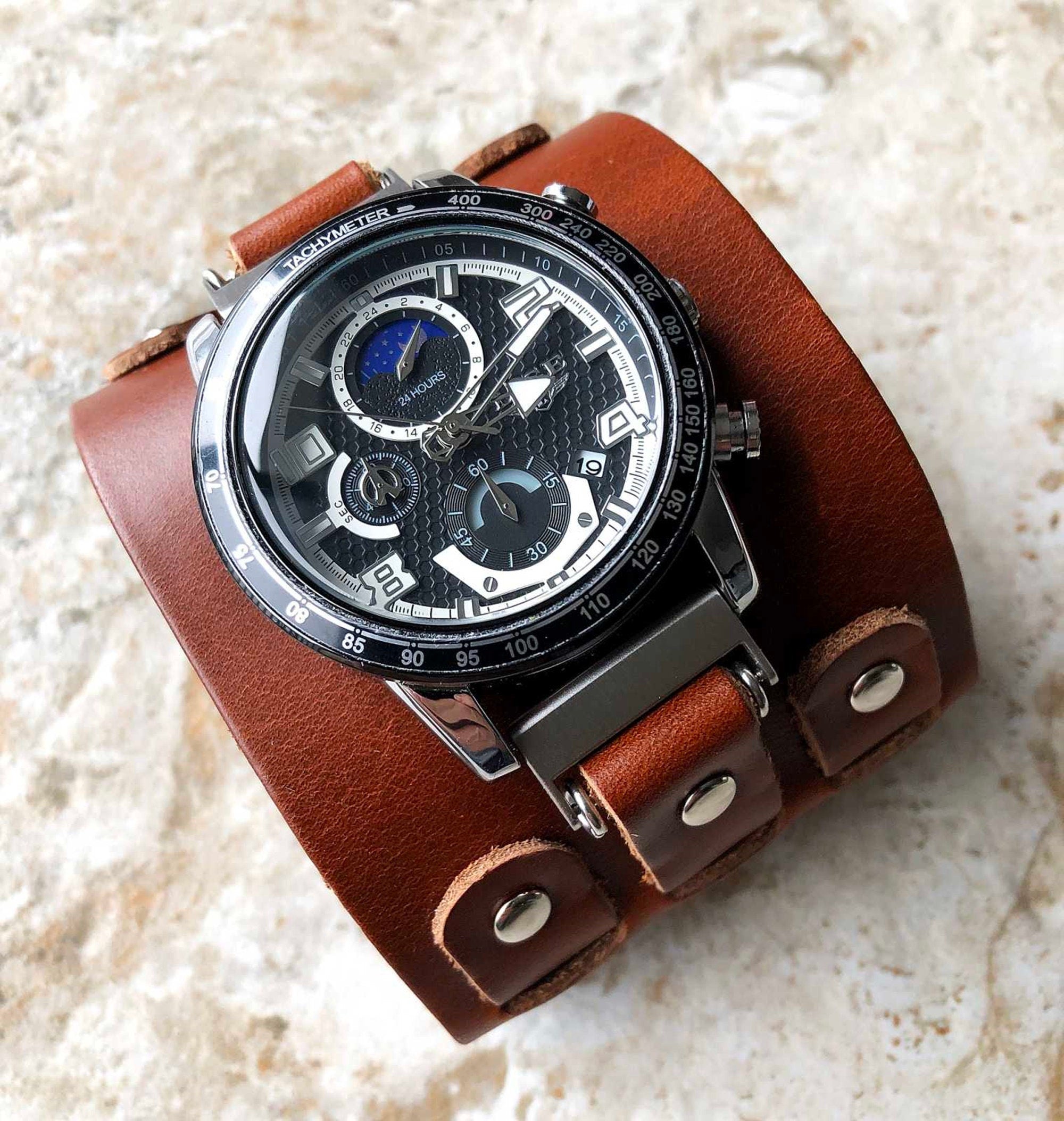 Brown Cuff Bund Steampunk Wide Leather Band Strap for 18mm 19mm 20mm 21mm 22mm 23mm 24mm 25mm 26mm Traditional Casual Luxury Smart Watches
